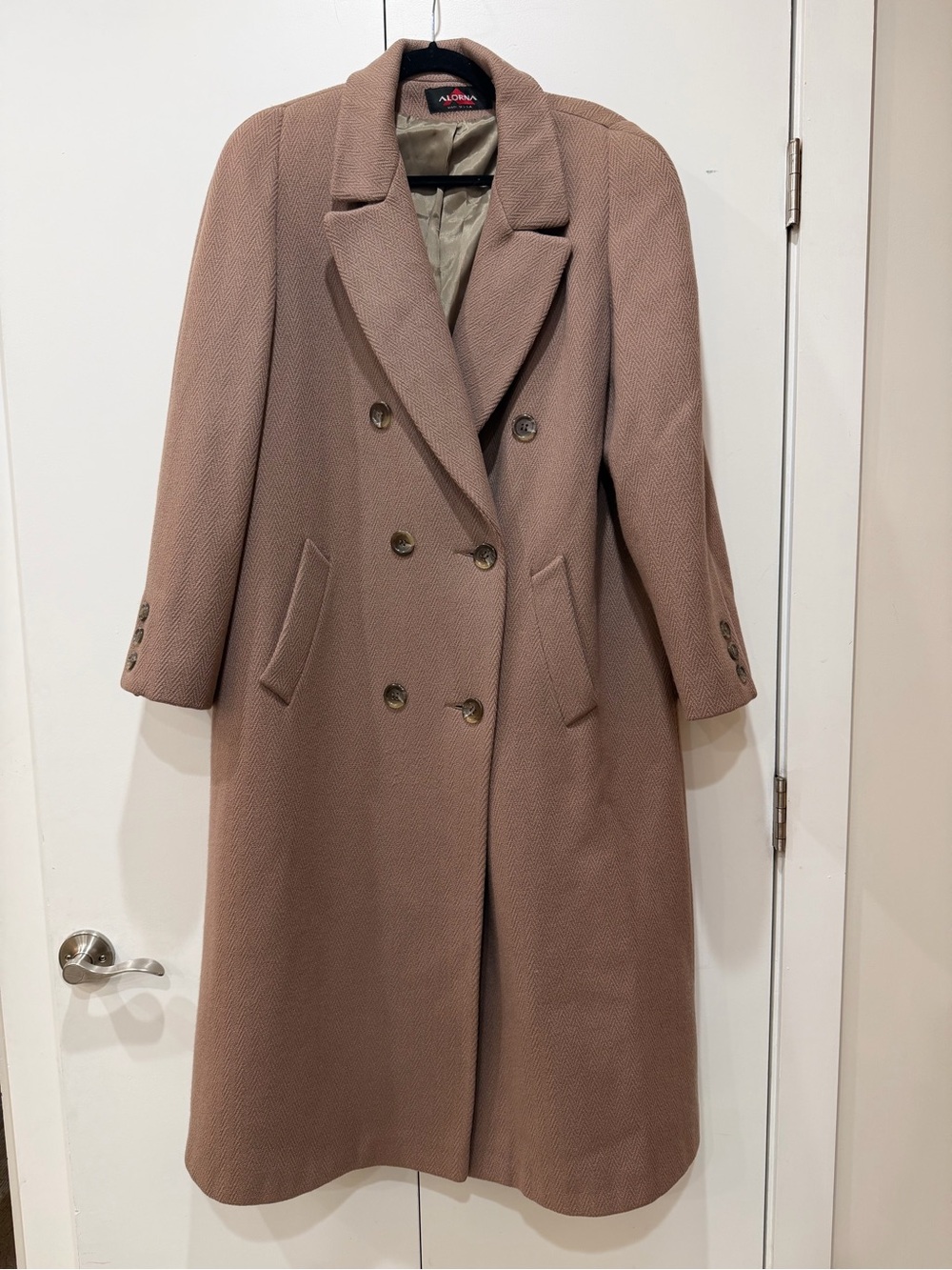 Vintage Alorna Bona Fina Long Wool Double Breasted Coat L Tan Beige Made in USA